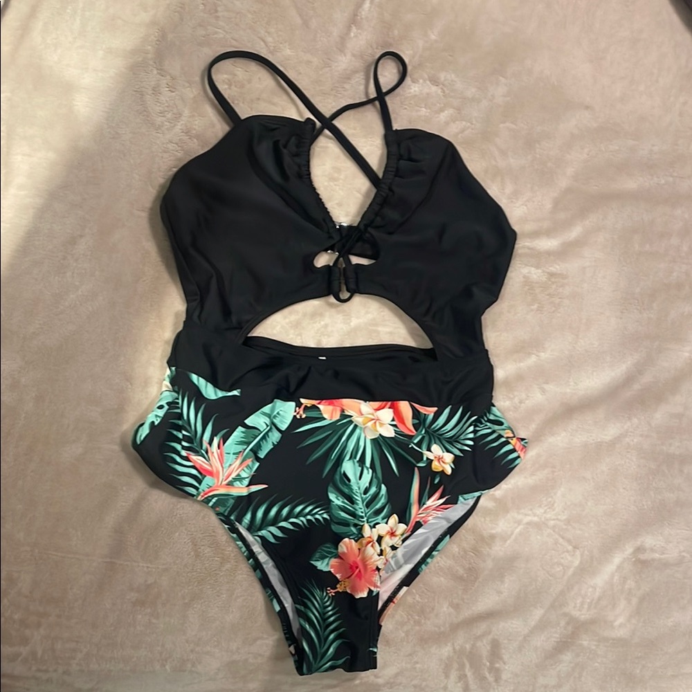 CUPSHE Tropical /Black One Piece Swimsuit with cutouts.
